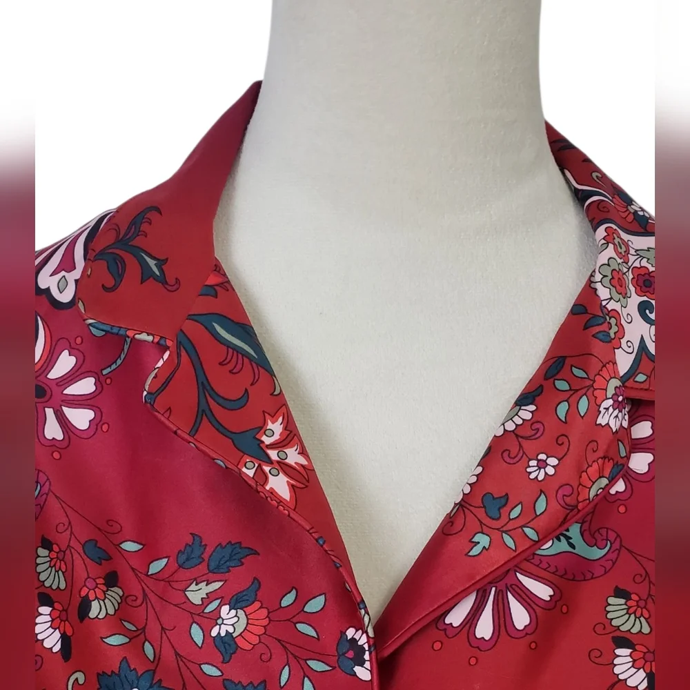 NWT Natori Satin Paisley Floral Button Front Pajama Top Artsy Asian